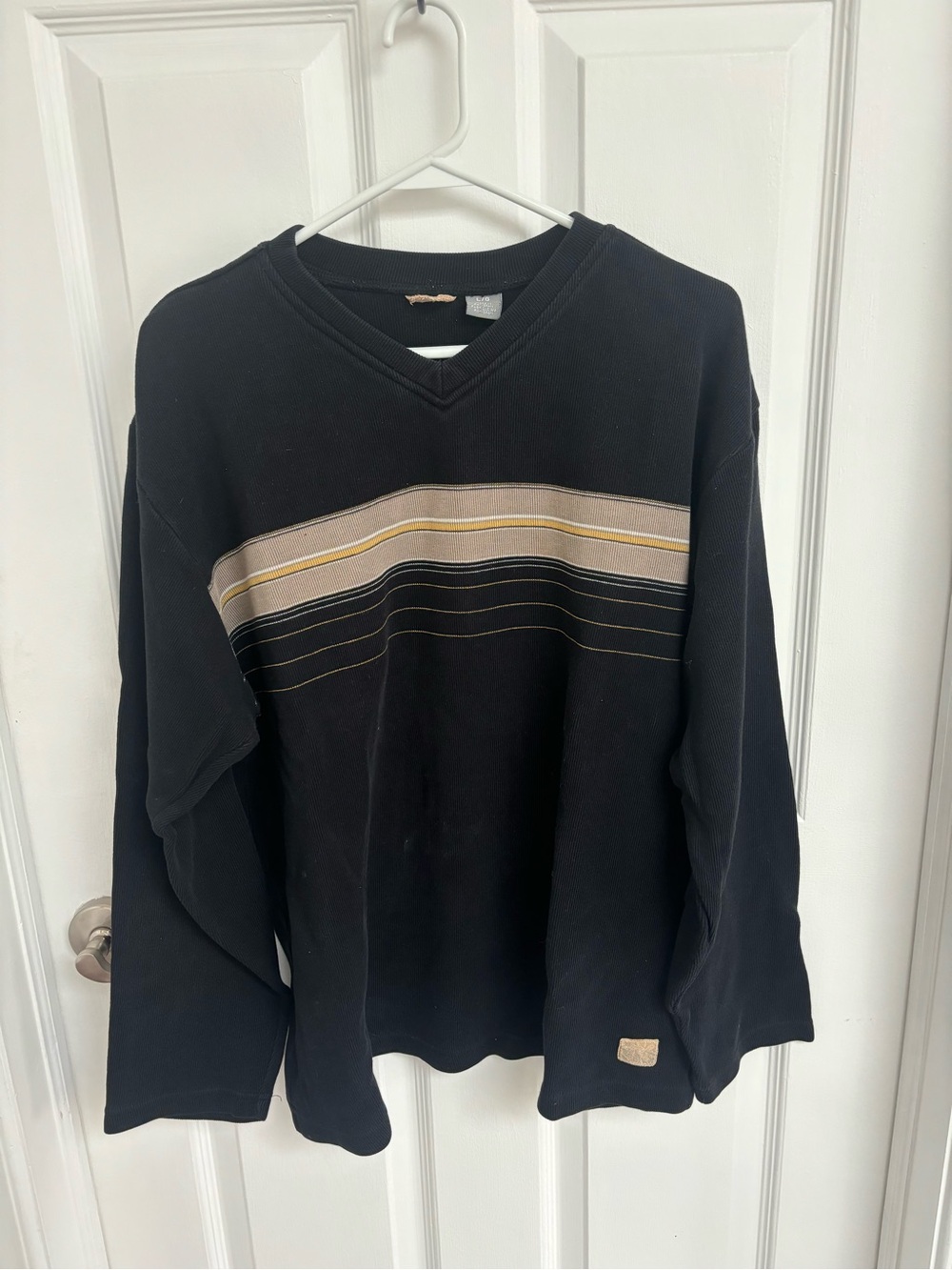 Men's Black V-Neck Striped Long-Sleeve